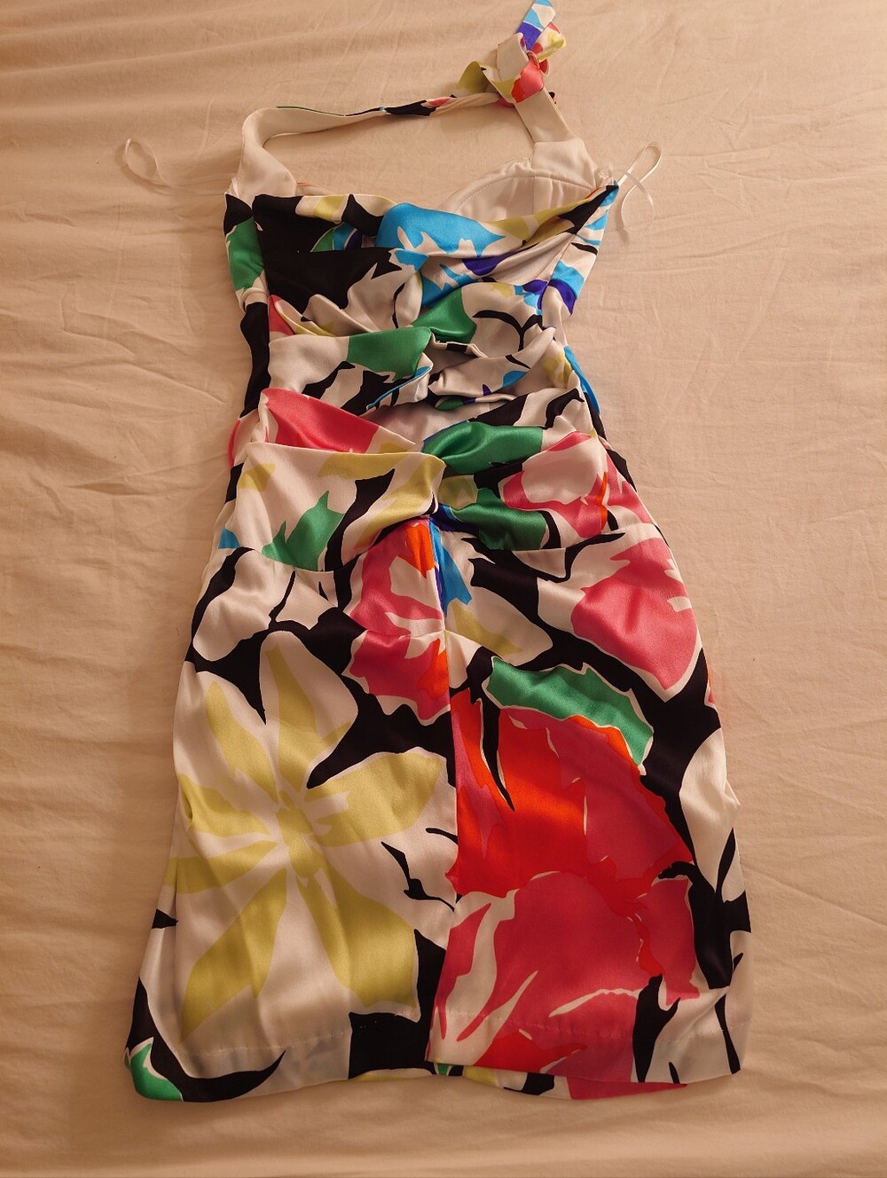 NWOT Floral CACHÉ White Stretch Satin Ruched Halter Mini Dress 2 XS Built-in Bra - Picture 11 of 14